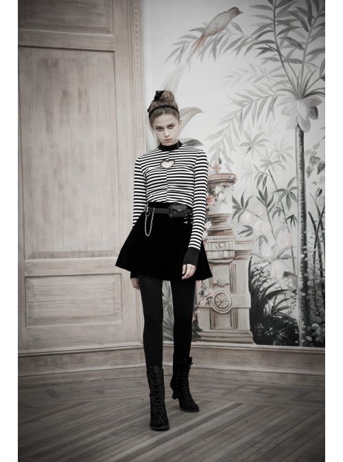 High Collar Front Chest Hollow-Out Long Sleeve White Striped Tight T-Shirt