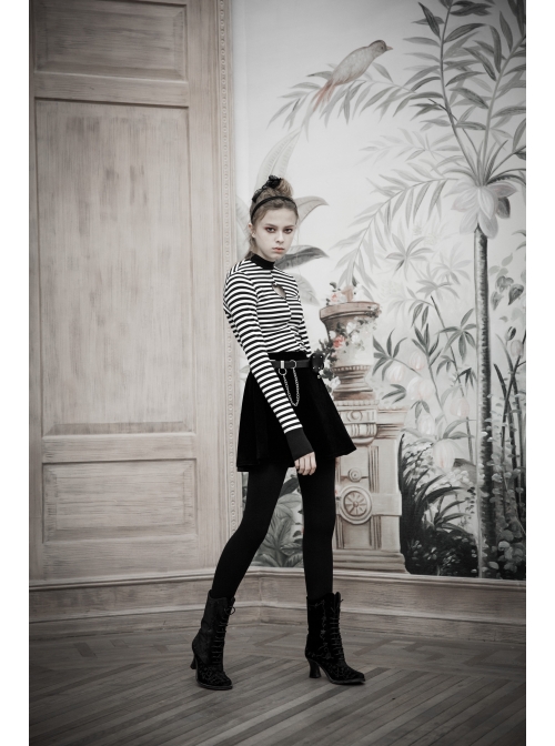 High Collar Front Chest Hollow-Out Long Sleeve White Striped Tight T-Shirt