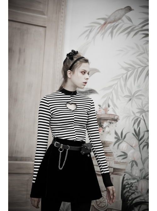 High Collar Front Chest Hollow-Out Long Sleeve White Striped Tight T-Shirt