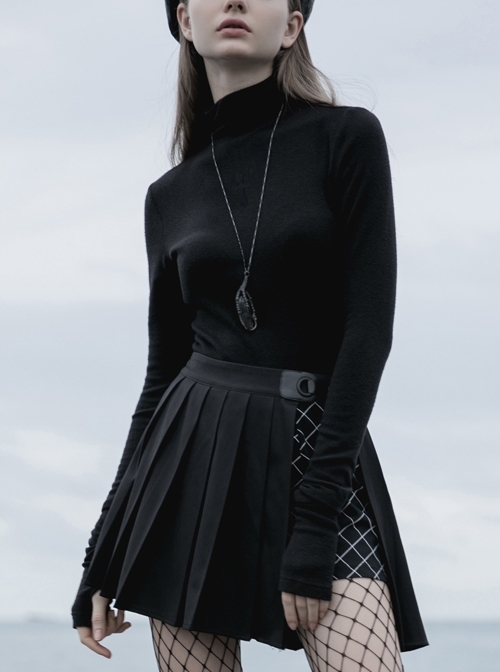 High Collar Front Chest Suede Cross Embossed Long Sleeve Black Punk Tight T-Shirt