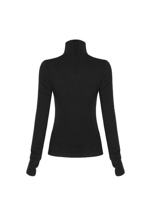High Collar Front Chest Suede Cross Embossed Long Sleeve Black Punk Tight T-Shirt