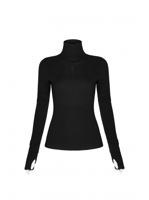 High Collar Front Chest Suede Cross Embossed Long Sleeve Black Punk Tight T-Shirt