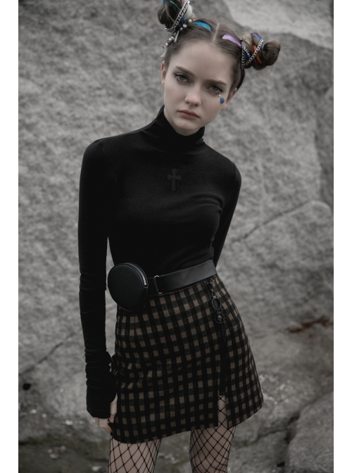 High Collar Front Chest Suede Cross Embossed Long Sleeve Black Punk Tight T-Shirt