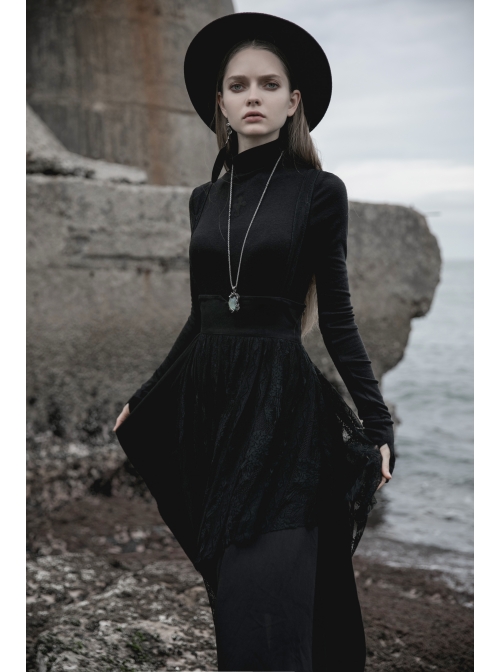 High Collar Front Chest Suede Cross Embossed Long Sleeve Black Punk Tight T-Shirt