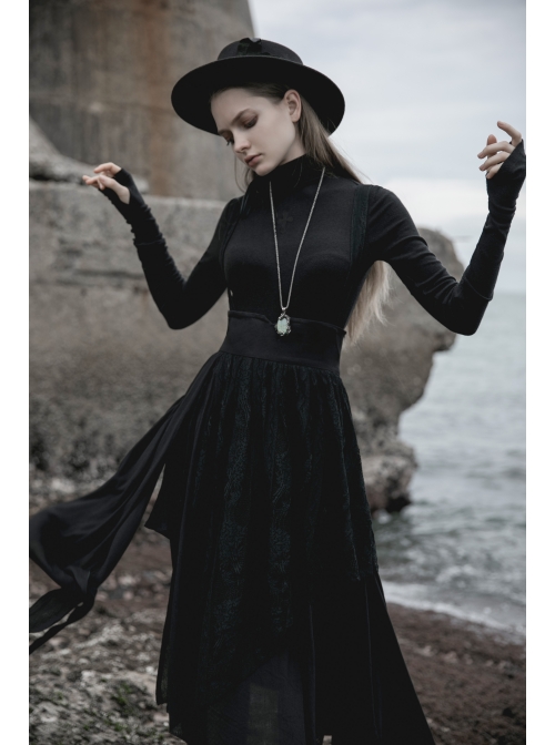 High Collar Front Chest Suede Cross Embossed Long Sleeve Black Punk Tight T-Shirt