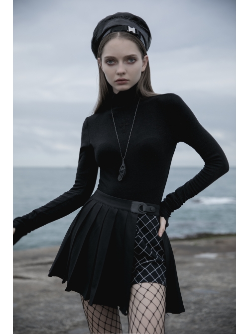 High Collar Front Chest Suede Cross Embossed Long Sleeve Black Punk Tight T-Shirt