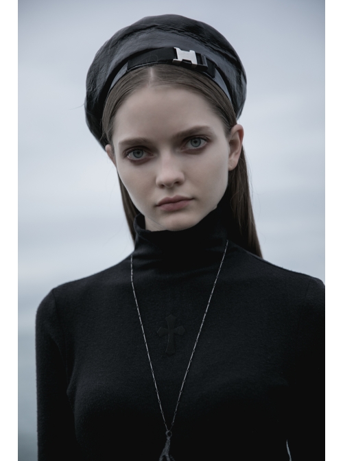 High Collar Front Chest Suede Cross Embossed Long Sleeve Black Punk Tight T-Shirt
