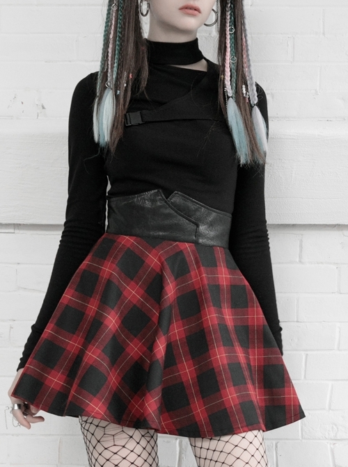 High Collar Side Hollow-Out Front Chest Buckle Long Sleeve Black Punk T-Shirt