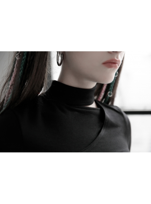 High Collar Side Hollow-Out Front Chest Buckle Long Sleeve Black Punk T-Shirt