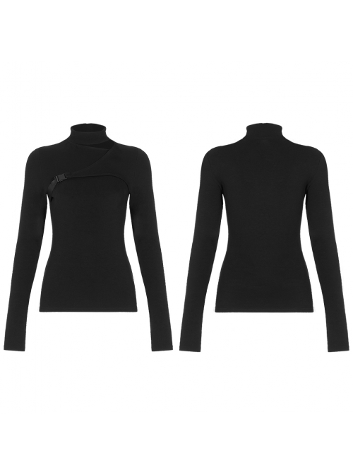 High Collar Side Hollow-Out Front Chest Buckle Long Sleeve Black Punk T-Shirt