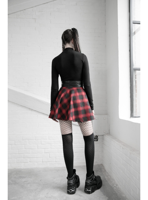High Collar Side Hollow-Out Front Chest Buckle Long Sleeve Black Punk T-Shirt