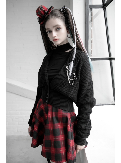 High Collar Side Hollow-Out Front Chest Buckle Long Sleeve Black Punk T-Shirt