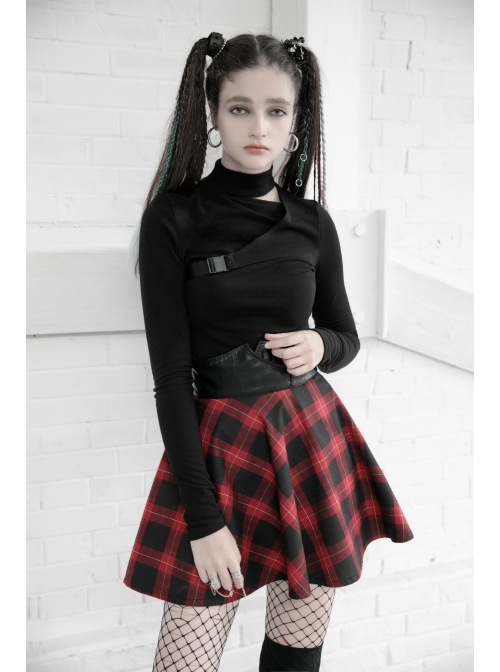High Collar Side Hollow-Out Front Chest Buckle Long Sleeve Black Punk T-Shirt
