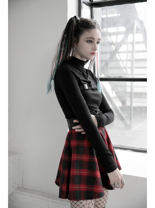 High Collar Side Hollow-Out Front Chest Buckle Long Sleeve Black Punk T-Shirt