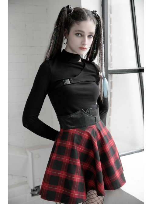 High Collar Side Hollow-Out Front Chest Buckle Long Sleeve Black Punk T-Shirt