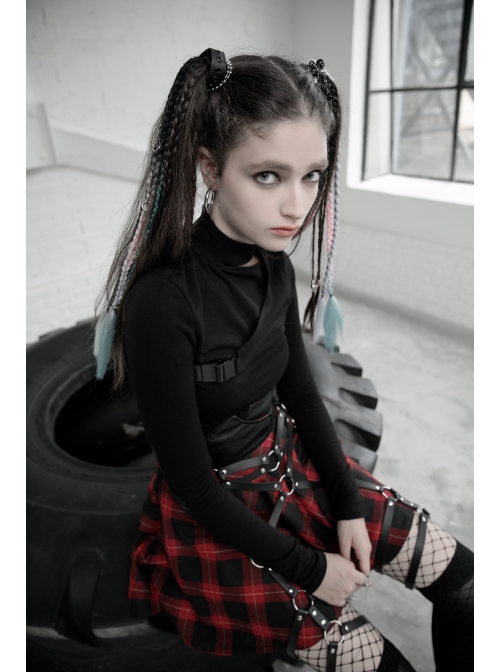 High Collar Side Hollow-Out Front Chest Buckle Long Sleeve Black Punk T-Shirt