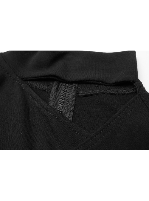 High Collar Side Hollow-Out Front Chest Buckle Long Sleeve Black Punk T-Shirt