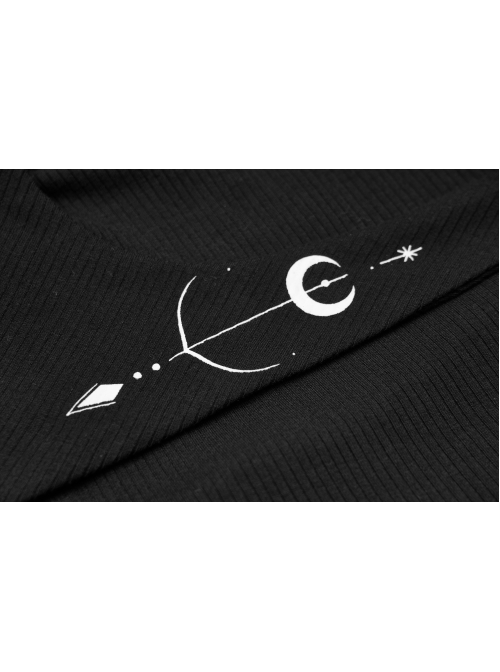 Print Collar Front Chest Hollow-Out Long Sleeve Black Punk Halter T-Shirt