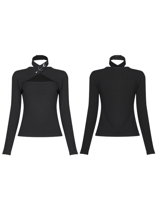 Print Collar Front Chest Hollow-Out Long Sleeve Black Punk Halter T-Shirt