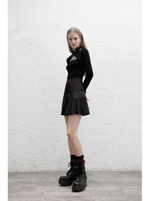 Print Collar Front Chest Hollow-Out Long Sleeve Black Punk Halter T-Shirt