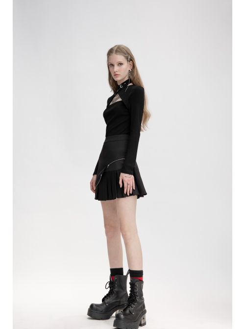 Print Collar Front Chest Hollow-Out Long Sleeve Black Punk Halter T-Shirt
