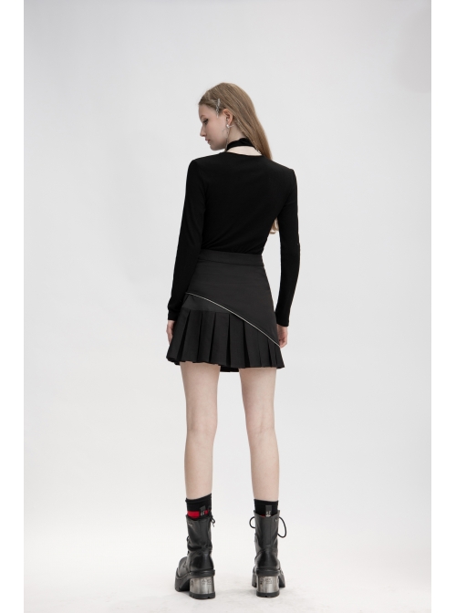 Print Collar Front Chest Hollow-Out Long Sleeve Black Punk Halter T-Shirt