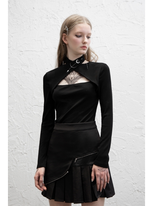 Print Collar Front Chest Hollow-Out Long Sleeve Black Punk Halter T-Shirt