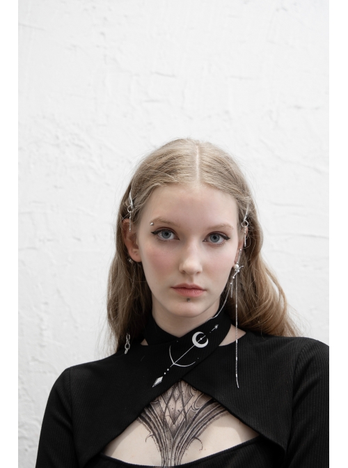 Print Collar Front Chest Hollow-Out Long Sleeve Black Punk Halter T-Shirt