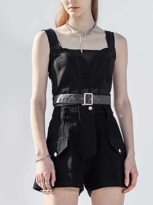 Square Collar Leather Belt Black Punk Mesh Tank