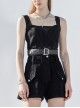 Square Collar Leather Belt Black Punk Mesh Tank