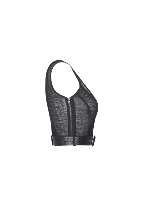 Square Collar Leather Belt Black Punk Mesh Tank