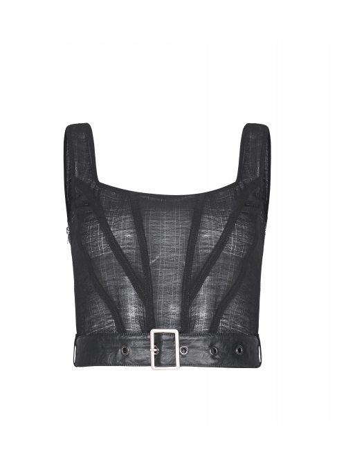 Square Collar Leather Belt Black Punk Mesh Tank