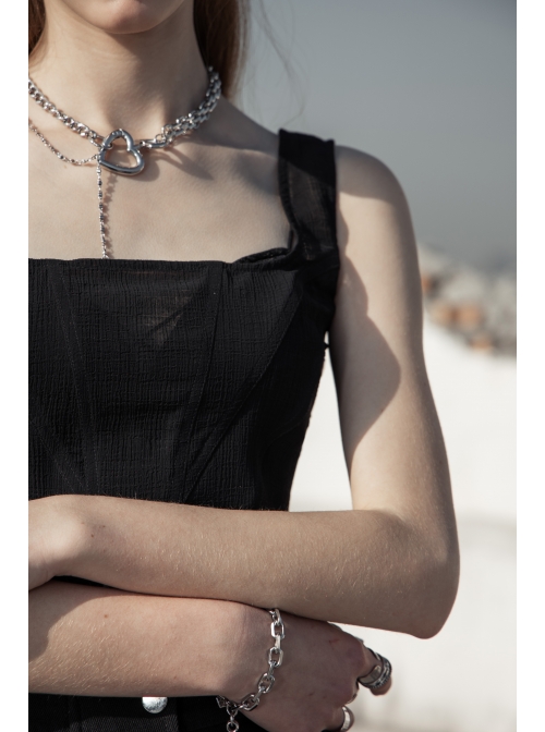 Square Collar Leather Belt Black Punk Mesh Tank