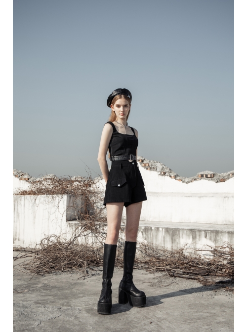Square Collar Leather Belt Black Punk Mesh Tank