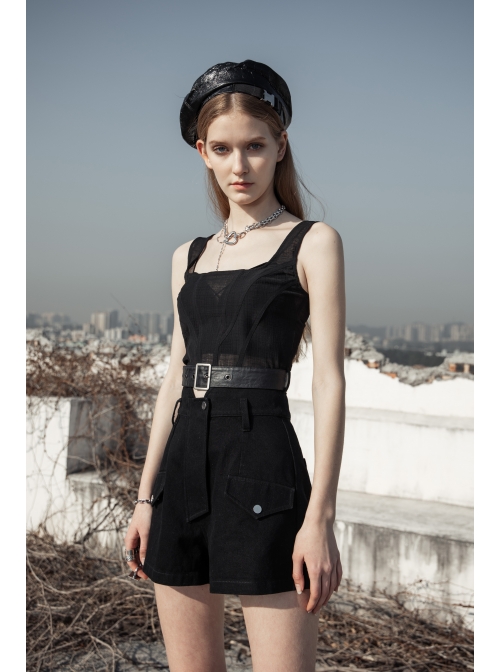 Square Collar Leather Belt Black Punk Mesh Tank