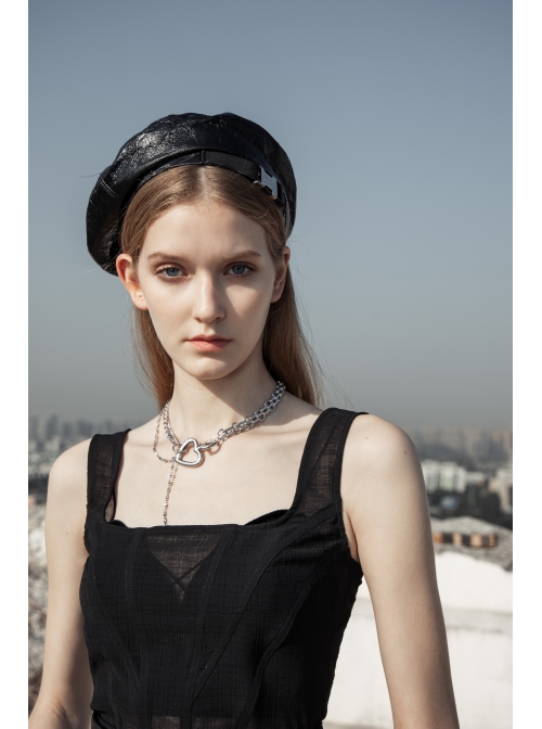Square Collar Leather Belt Black Punk Mesh Tank