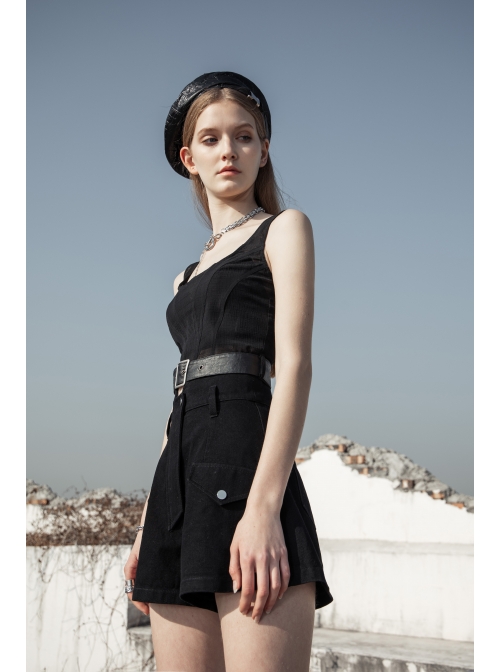 Square Collar Leather Belt Black Punk Mesh Tank