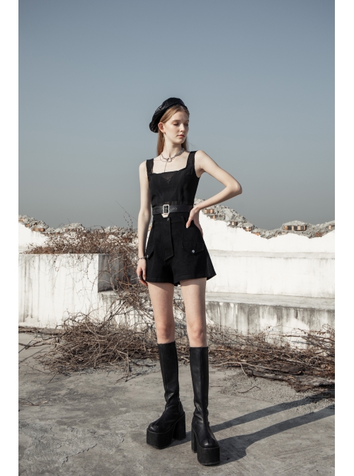 Square Collar Leather Belt Black Punk Mesh Tank