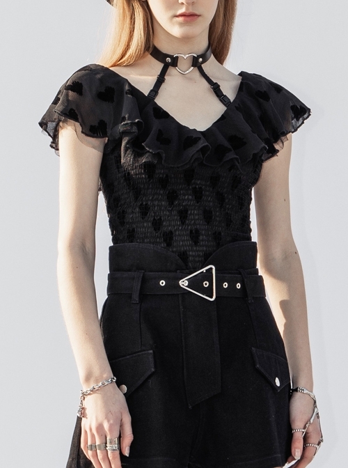 Front Chest Flounce Short Sleeve Black Gothic Heart-Shape Print Leather Halter Chiffon T-Shirt