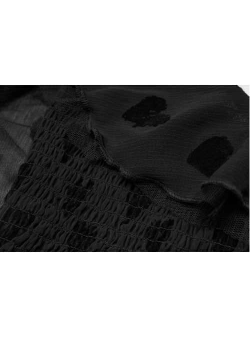 Front Chest Flounce Short Sleeve Black Gothic Heart-Shape Print Leather Halter Chiffon T-Shirt