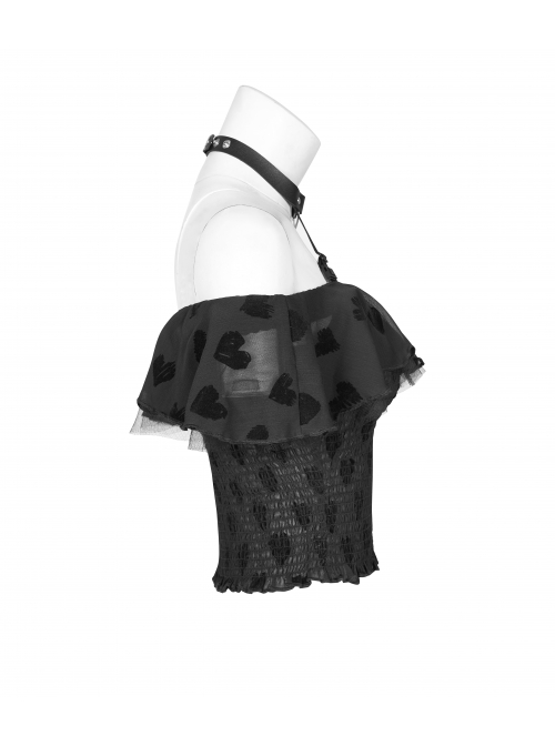 Front Chest Flounce Short Sleeve Black Gothic Heart-Shape Print Leather Halter Chiffon T-Shirt
