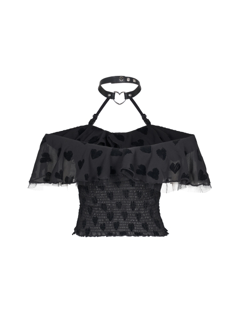 Front Chest Flounce Short Sleeve Black Gothic Heart-Shape Print Leather Halter Chiffon T-Shirt