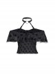 Front Chest Flounce Short Sleeve Black Gothic Heart-Shape Print Leather Halter Chiffon T-Shirt