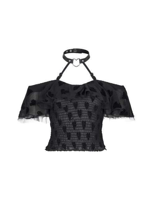 Front Chest Flounce Short Sleeve Black Gothic Heart-Shape Print Leather Halter Chiffon T-Shirt