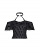 Front Chest Flounce Short Sleeve Black Gothic Heart-Shape Print Leather Halter Chiffon T-Shirt