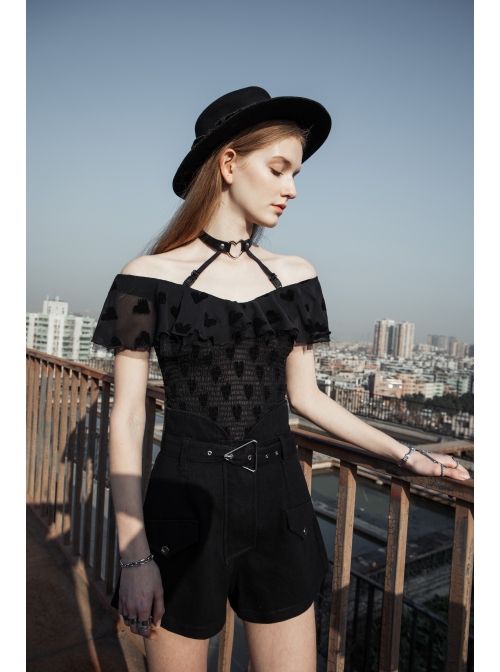 Front Chest Flounce Short Sleeve Black Gothic Heart-Shape Print Leather Halter Chiffon T-Shirt