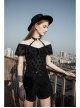 Front Chest Flounce Short Sleeve Black Gothic Heart-Shape Print Leather Halter Chiffon T-Shirt