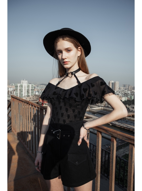 Front Chest Flounce Short Sleeve Black Gothic Heart-Shape Print Leather Halter Chiffon T-Shirt