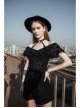 Front Chest Flounce Short Sleeve Black Gothic Heart-Shape Print Leather Halter Chiffon T-Shirt