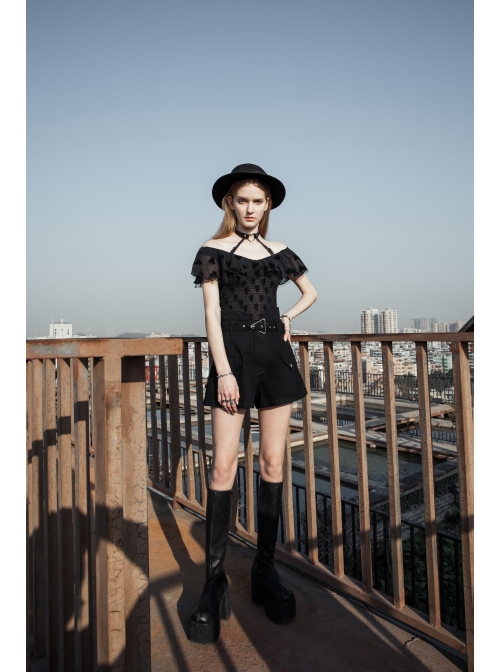 Front Chest Flounce Short Sleeve Black Gothic Heart-Shape Print Leather Halter Chiffon T-Shirt